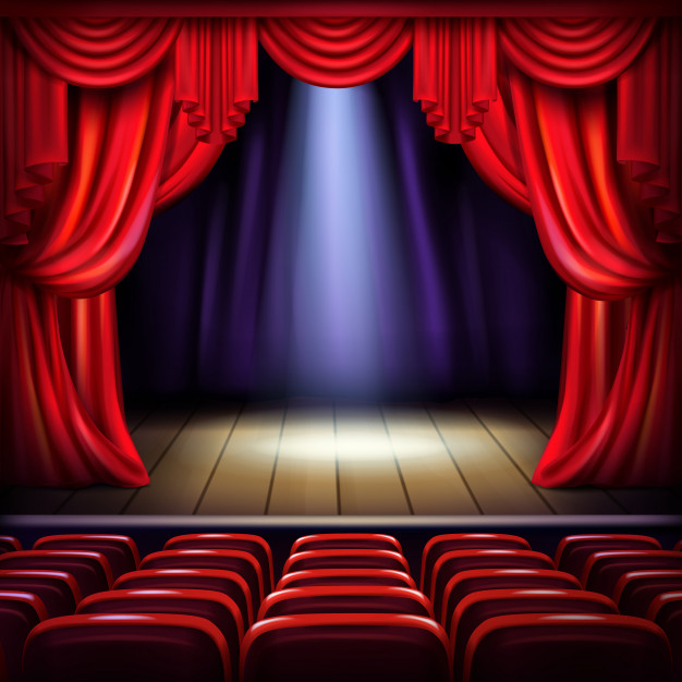 scene theatre salle concert rideaux rouges ouverts faisceau projecteur au centre 33099 953